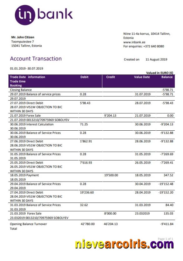 Estonia Inbank bank statement